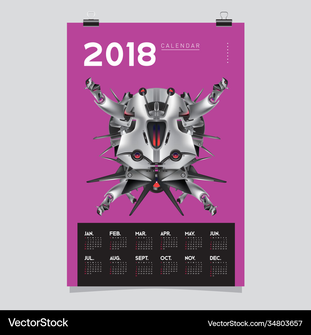2018 calendar design template 3d realistic robot Vector Image