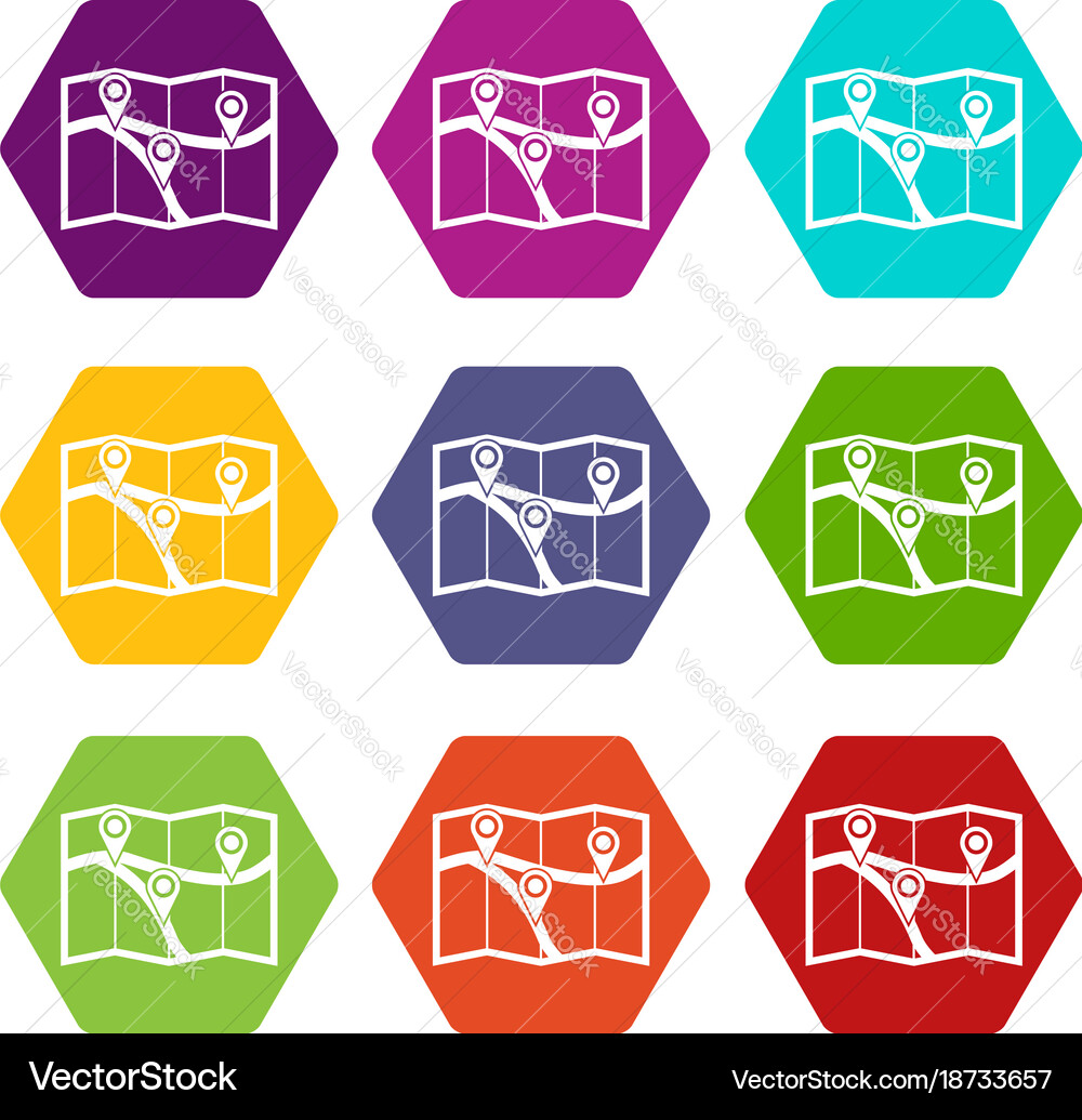 Map with pin pointers icon set color hexahedron vector image