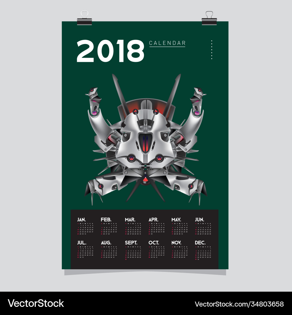 2018 calendar design template 3d realistic robot 2018 calendar design template 3d realistic robot vector image