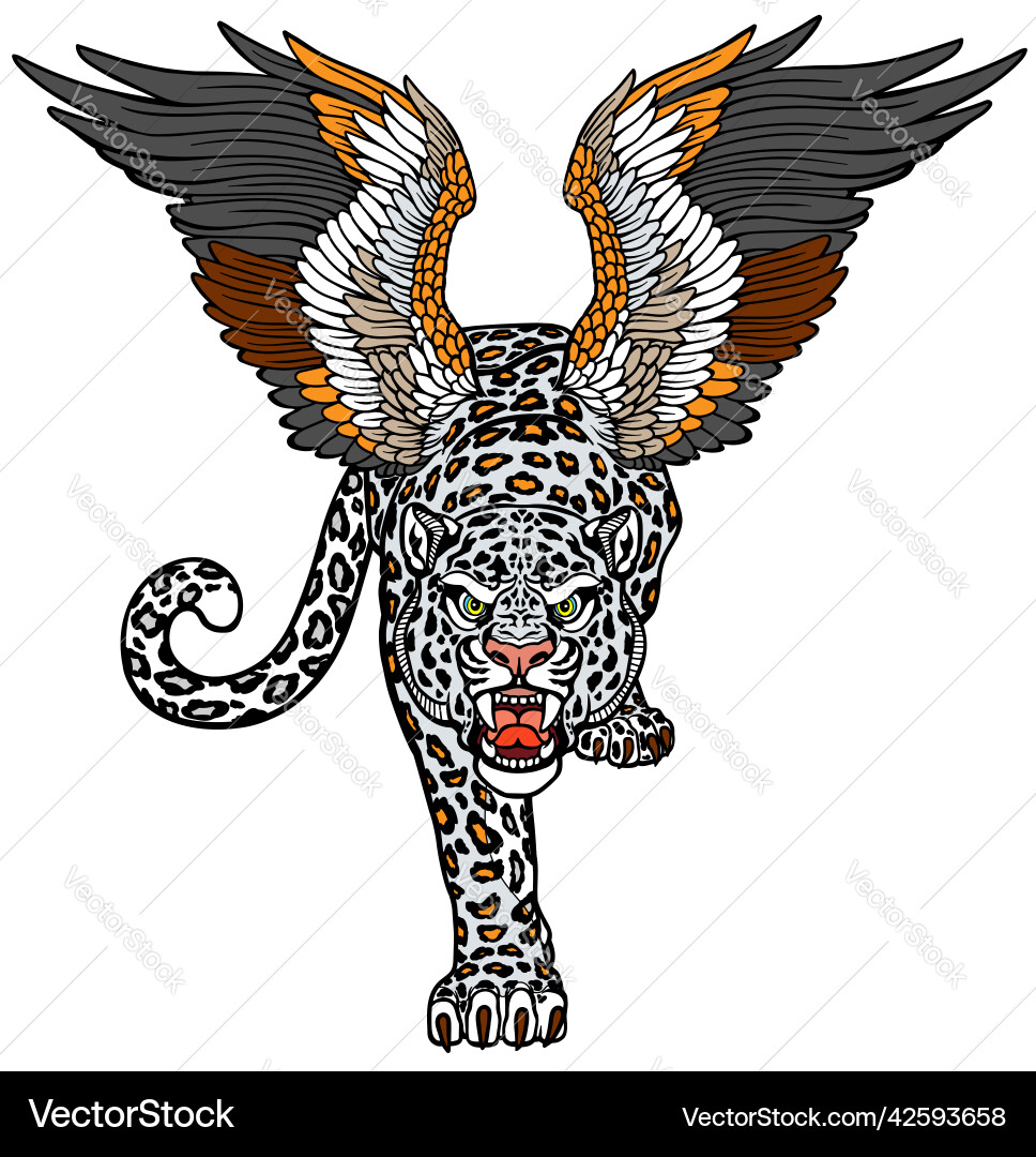 Mythological snow leopard with wings front view Mythological snow leopard with wings front view vector image