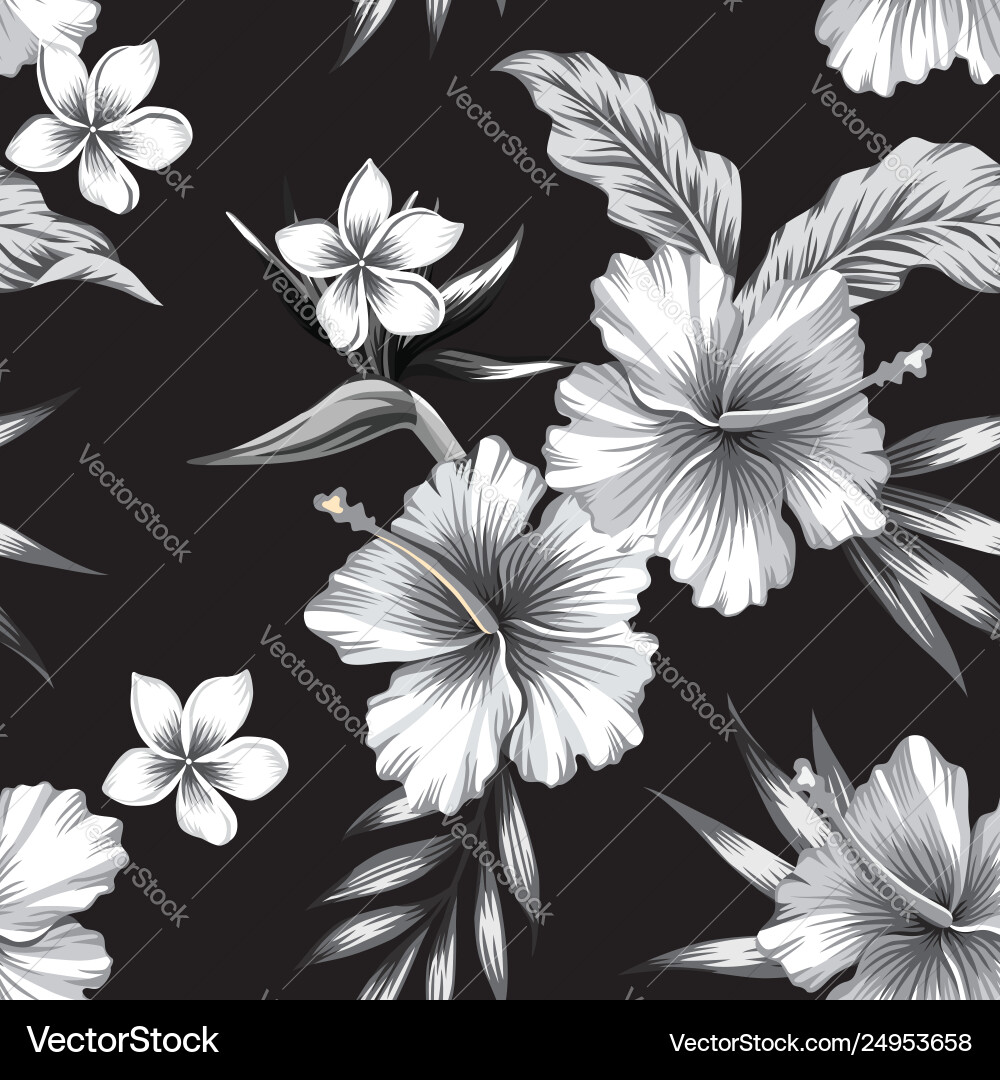 Tropical Hibiscus & Palm Leaves Vector Image
