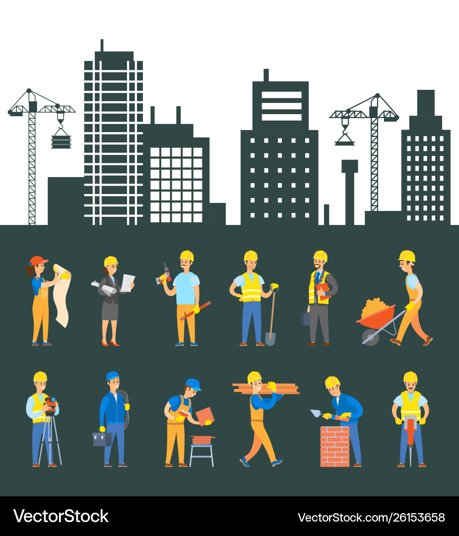 Workers building engineers controlling process Vector Image