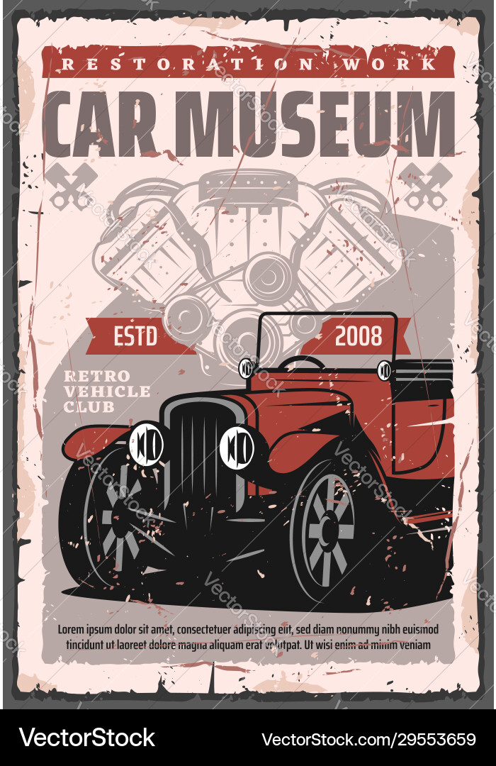 Retro car with vintage vehicle engine pistones vector image