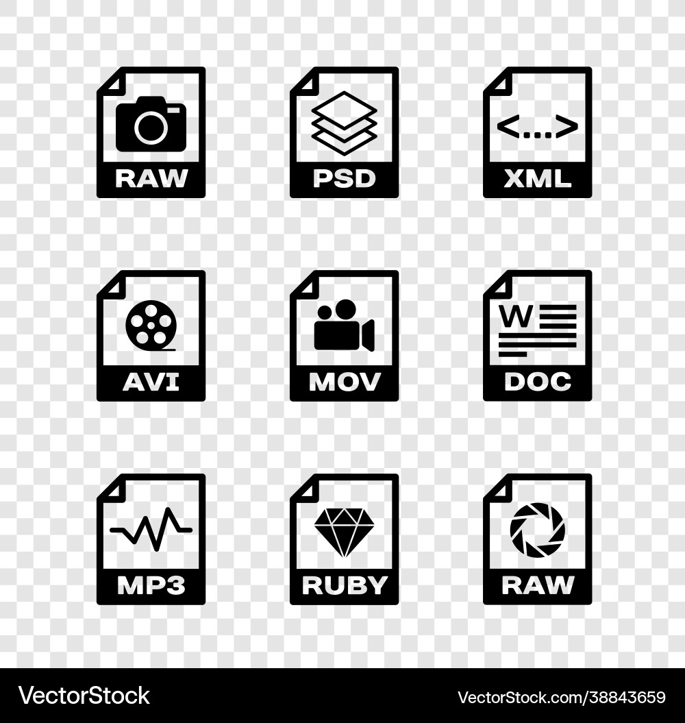 Set raw file document psd xml mp3 ruby vector image