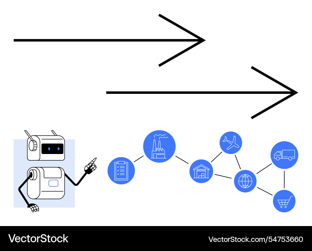 Robot points to supply chain management processes Robot points to supply chain management processes vector image