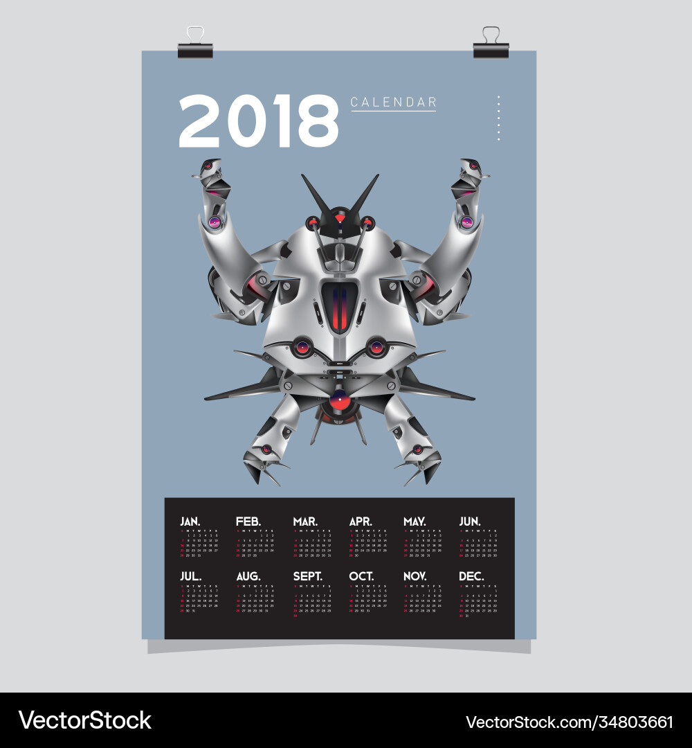 2018 calendar design template 3d realistic robot 2018 calendar design template 3d realistic robot vector image