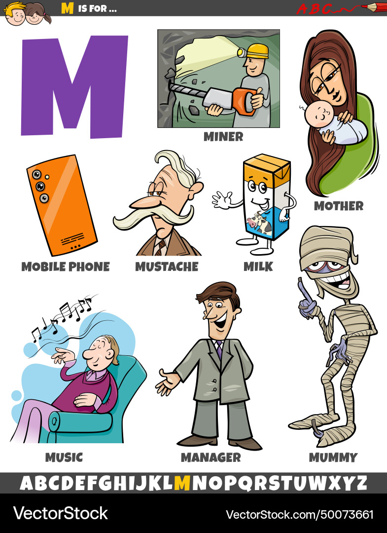 Letter m set with cartoon objects and characters Letter m set with cartoon objects and characters vector image