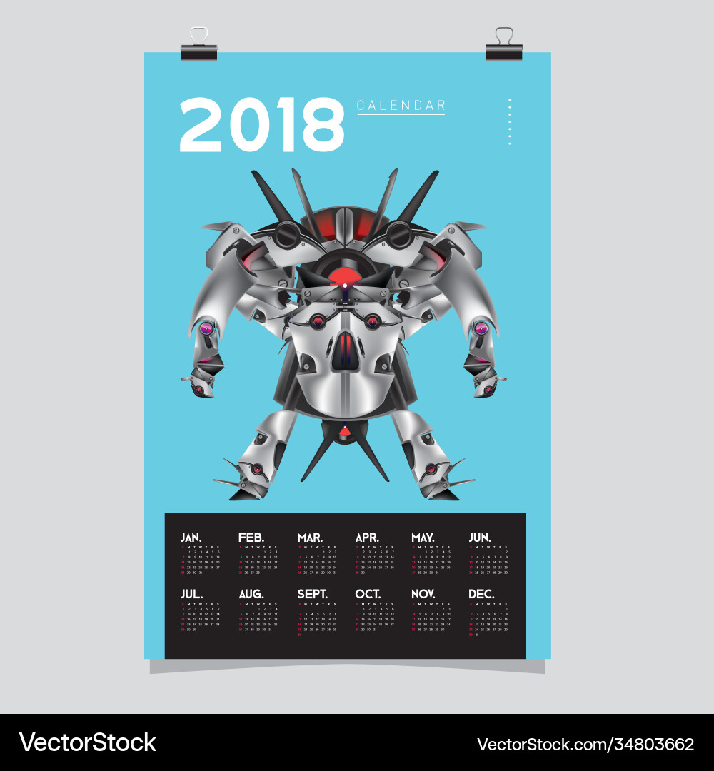 2018 calendar design template 3d realistic robot 2018 calendar design template 3d realistic robot vector image