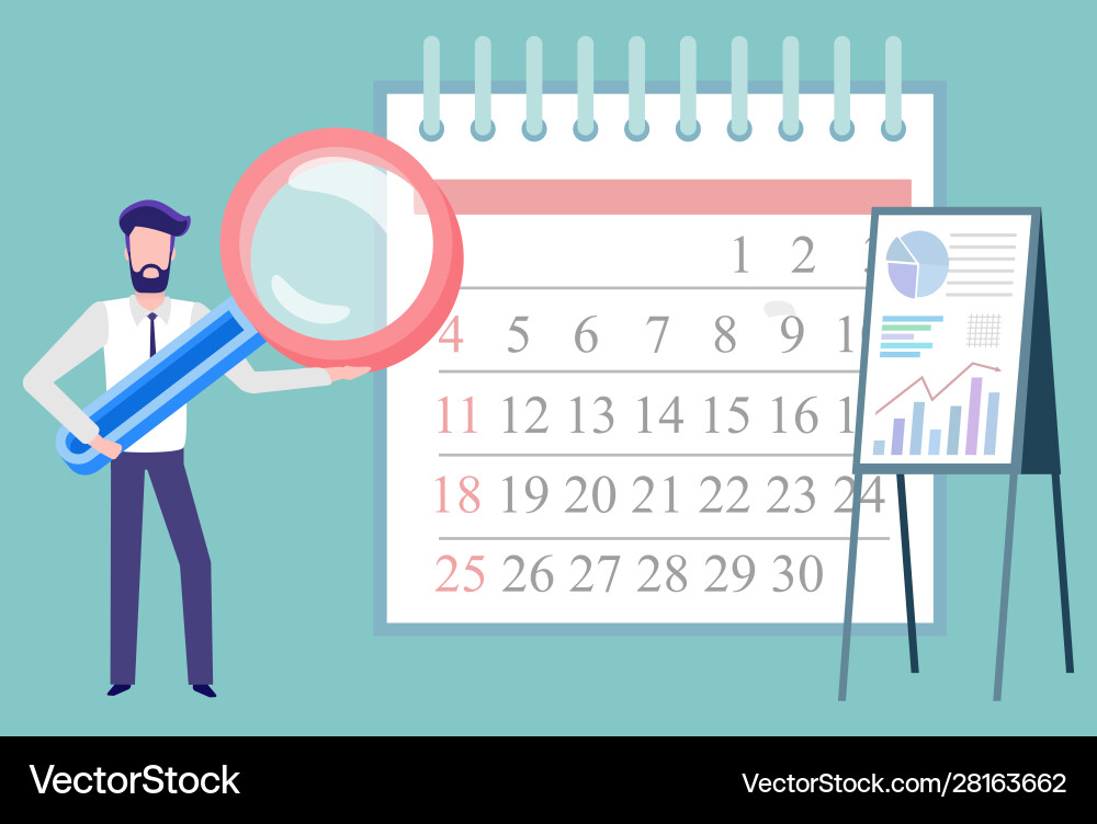 Man searching on calendar time management Man searching on calendar time management Vector Image