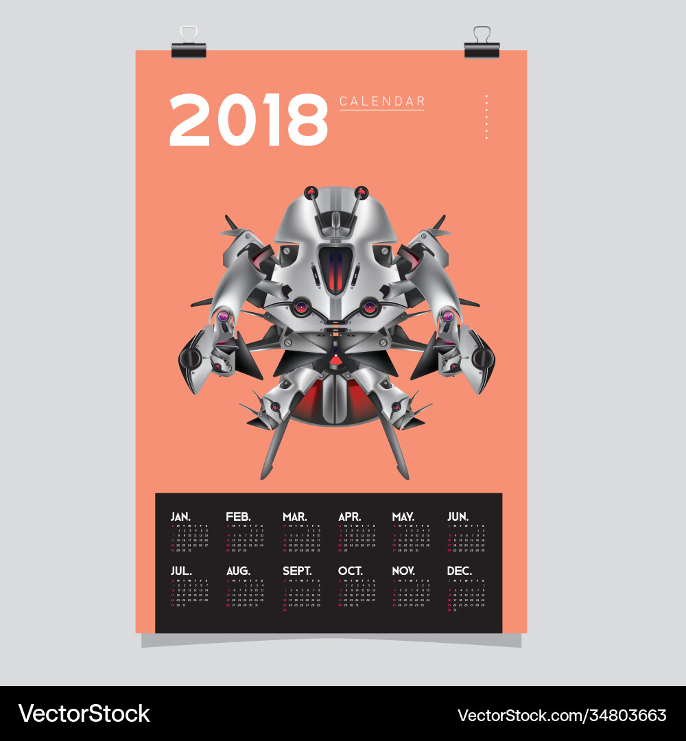 2018 calendar design template 3d realistic robot 2018 calendar design template 3d realistic robot vector image