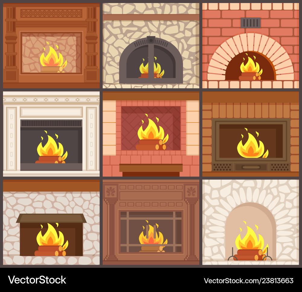 Fireplaces set different shapes types of stoves Fireplaces set different shapes types of stoves vector image