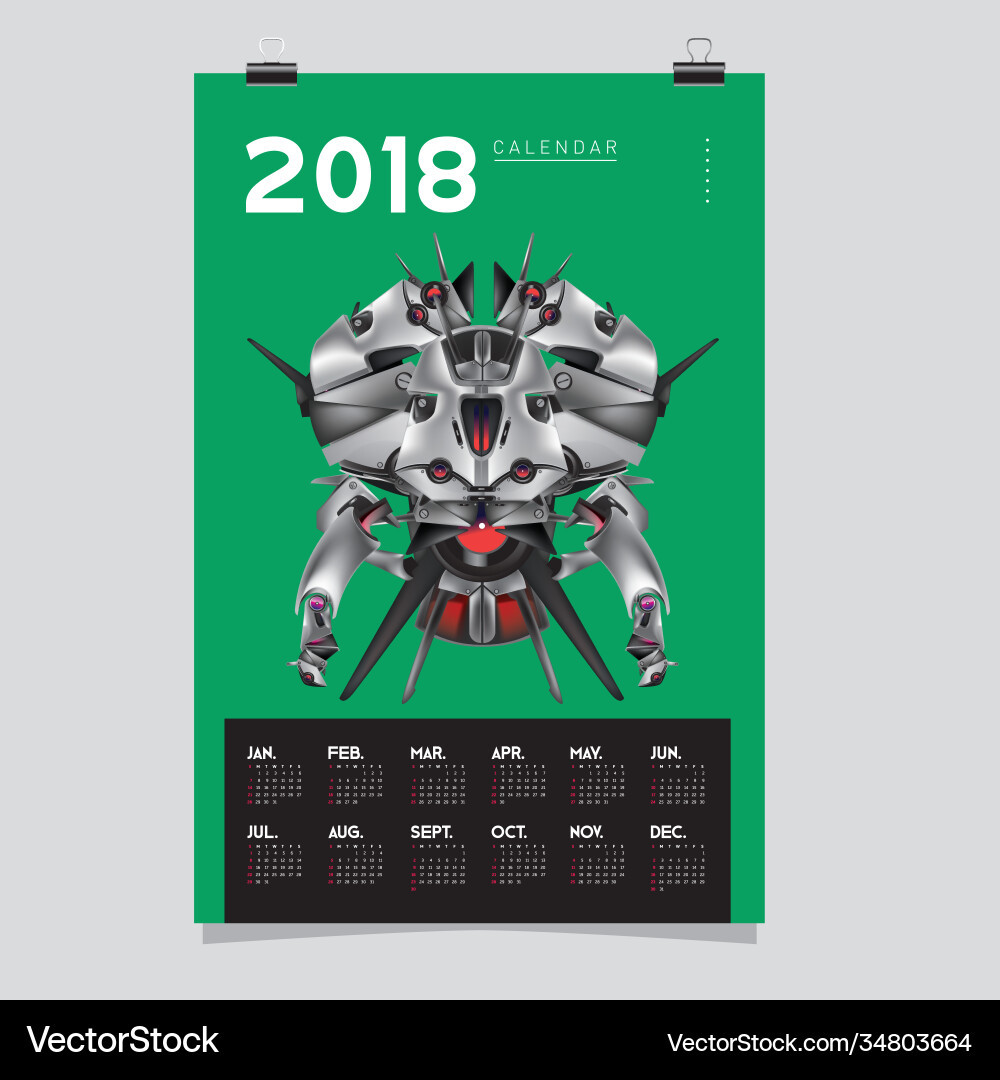 2018 calendar design template 3d realistic robot 2018 calendar design template 3d realistic robot vector image