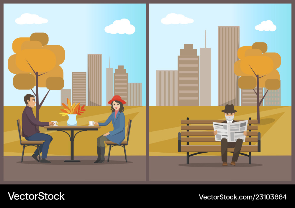 Cafe with customers drinking beverage set Cafe with customers drinking beverage set Vector Image