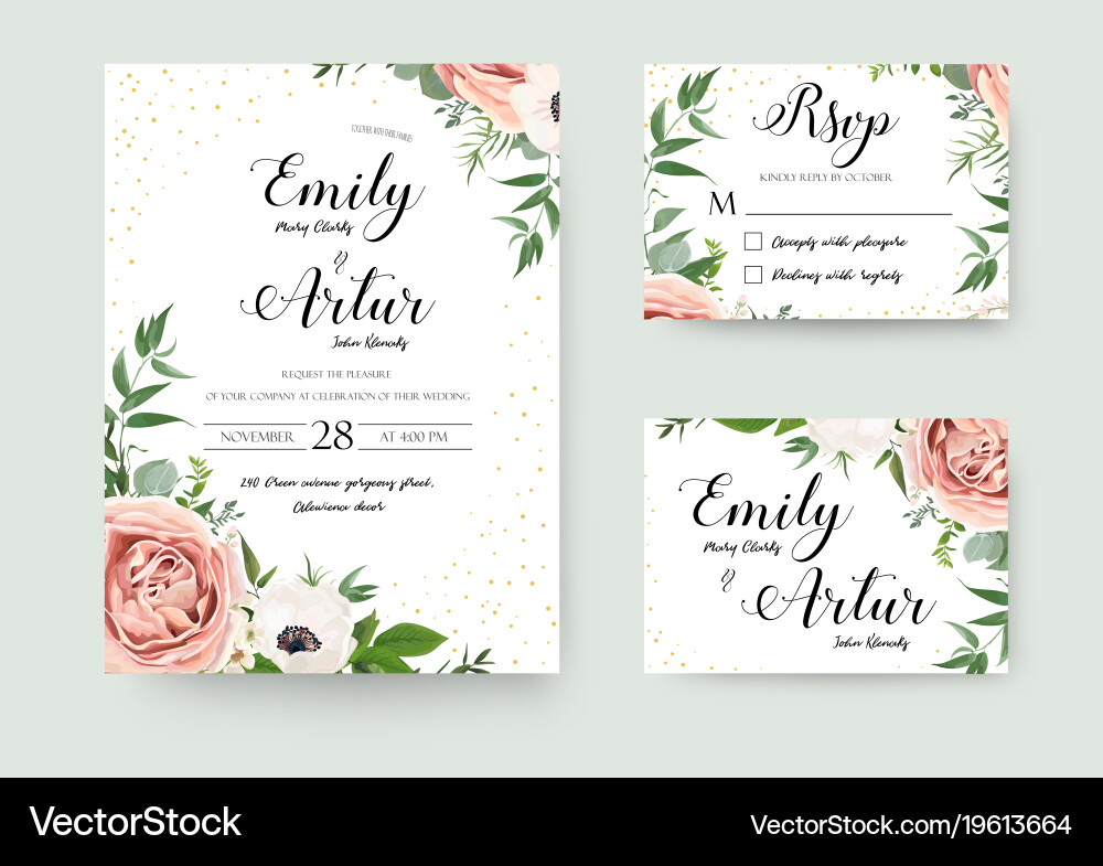Floral Wedding Invitation - Pink & Green Vector Image