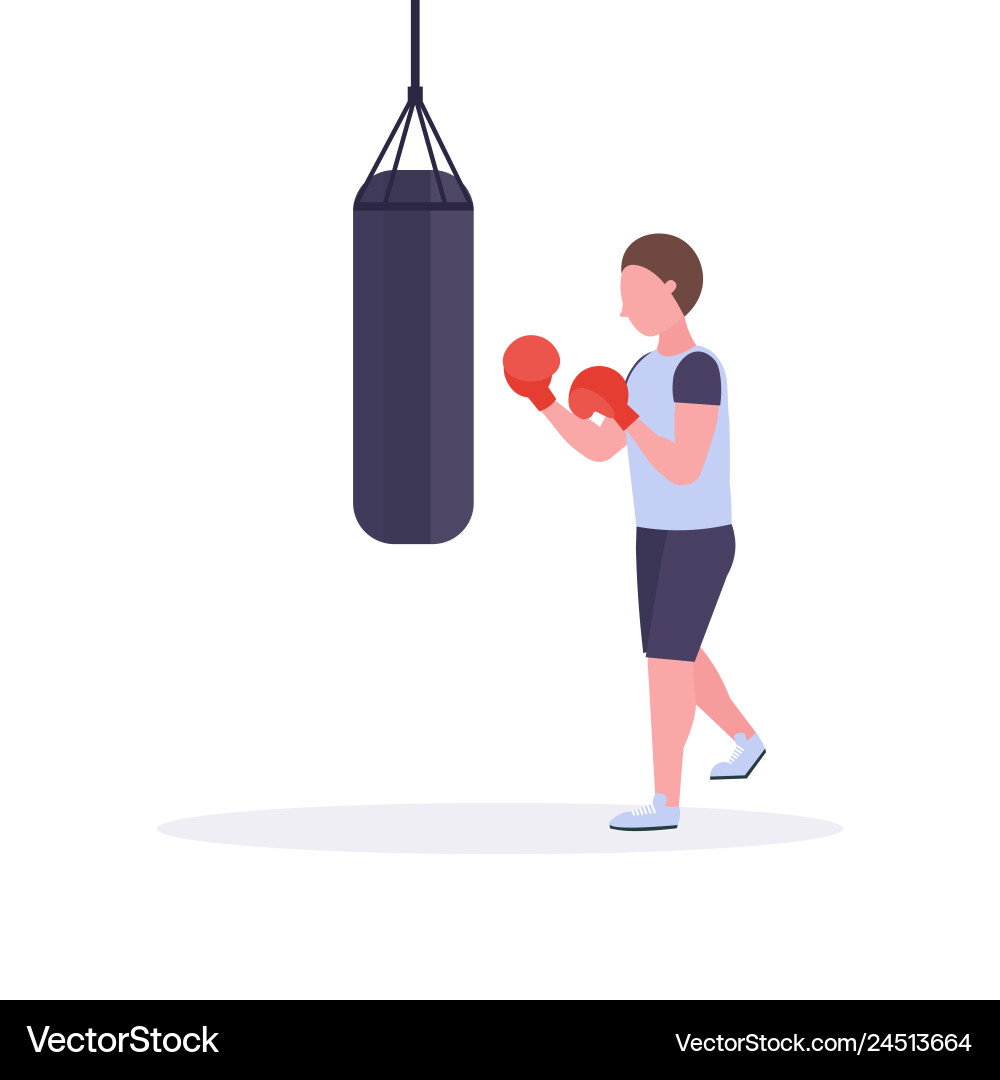 Man boxer doing exercises with punching bag making Vector Image