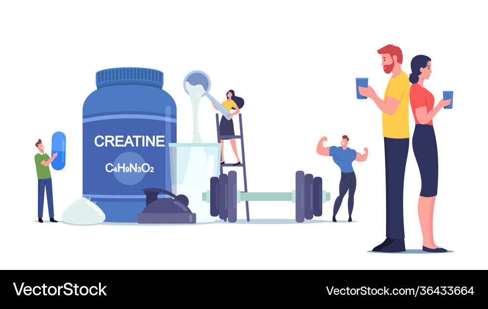 Tiny characters drinking cocktail with creatine Tiny characters drinking cocktail with creatine vector image