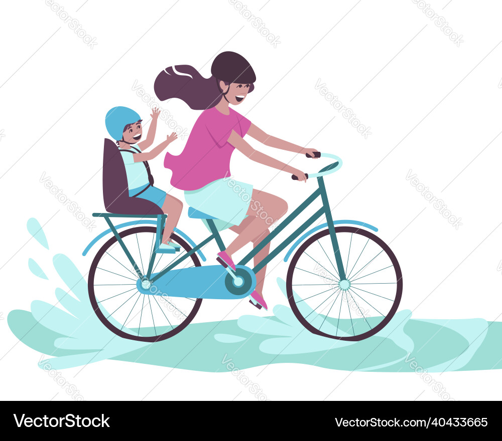 Mom reitet ein Fahrrad mit ihrem Sohn im Stuhl Mom reitet ein Fahrrad mit ihrem Sohn im Stuhl vektorbild