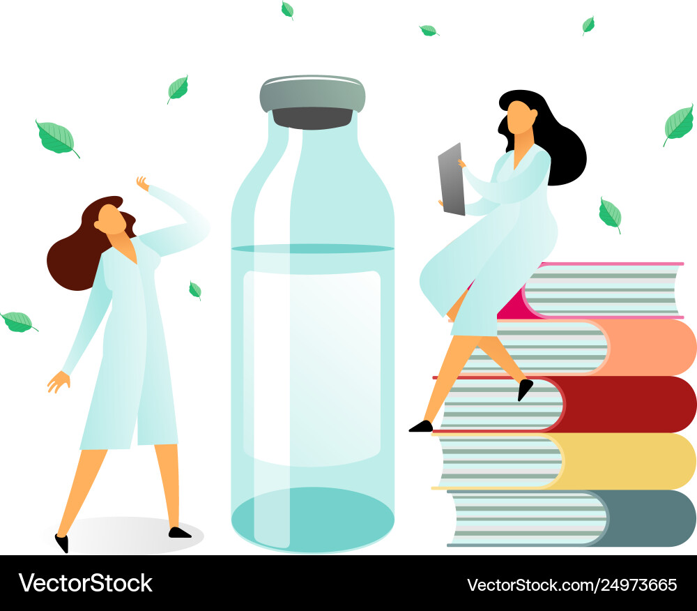 Two medical scientists and a bottle medication vector image