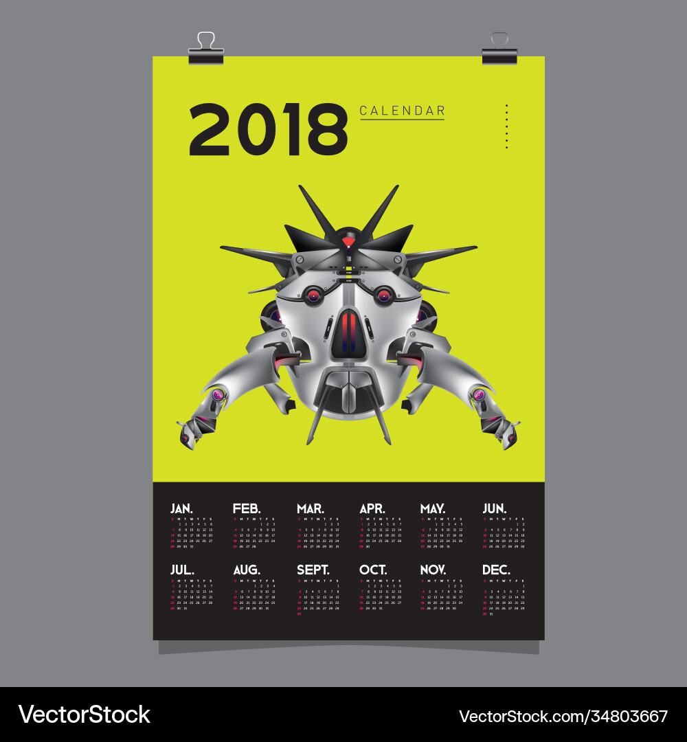 2018 calendar design template 3d realistic robot 2018 calendar design template 3d realistic robot vector image