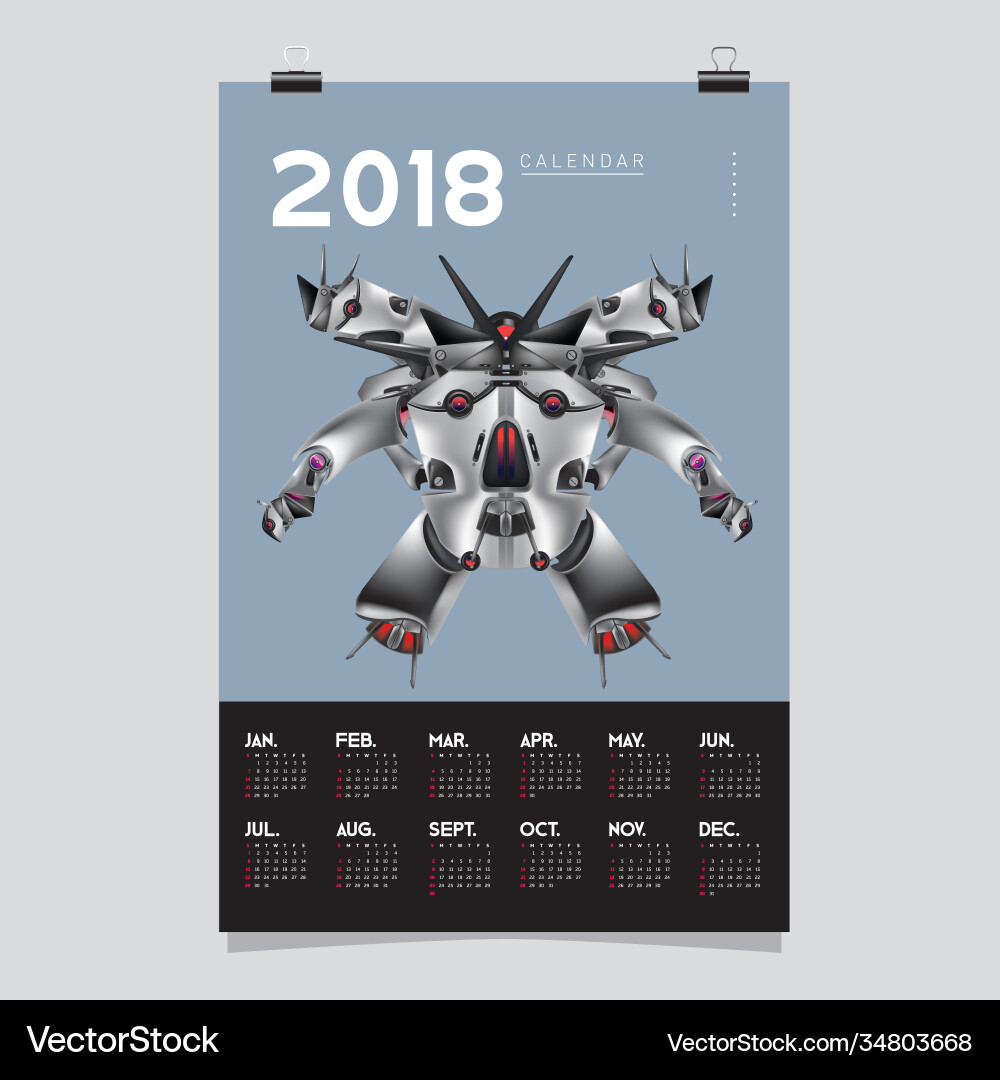 2018 calendar design template 3d realistic robot 2018 calendar design template 3d realistic robot vector image