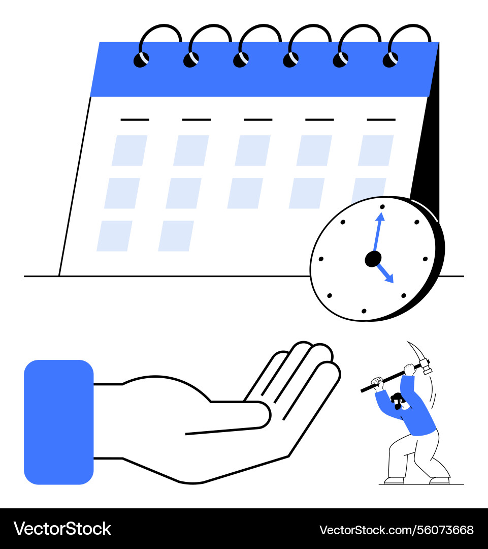 Calendar clock open hand and miner with pickaxe Calendar clock open hand and miner with pickaxe vector image