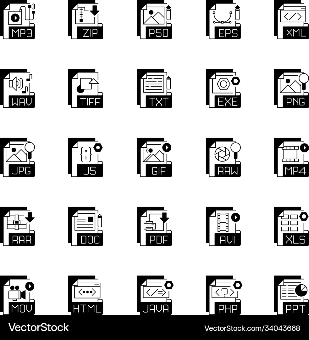 File extensions black linear icons set File extensions black linear icons set Vector Image