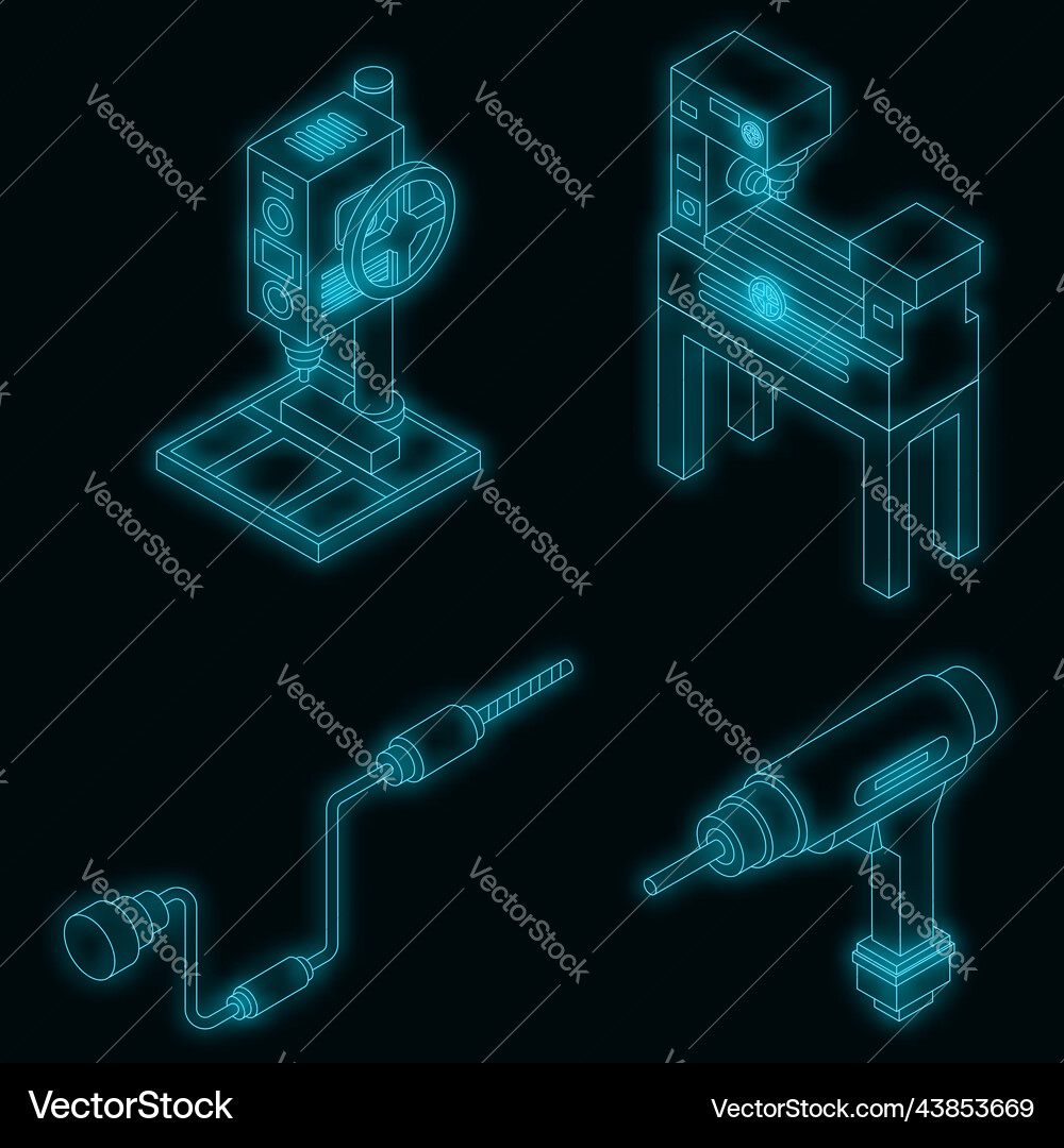 Drilling machine icons set neon Drilling machine icons set neon vector image