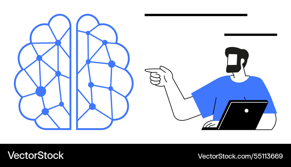 Man working on laptop pointing at digital brain Man working on laptop pointing at digital brain vector image