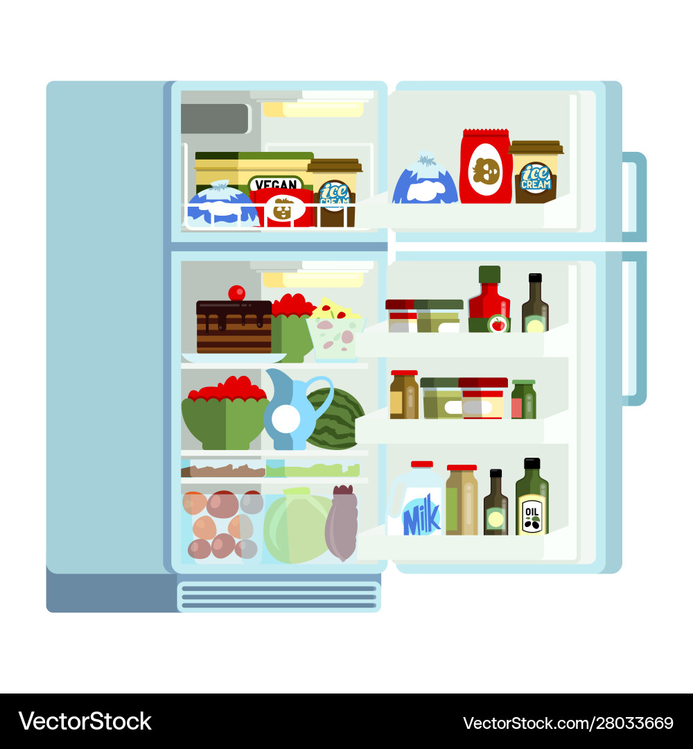 Modern White Refrigerator with Food Vector Image