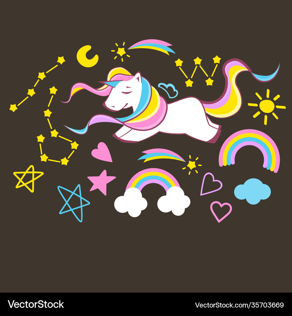 Set beautiful unicorn elements on dark Vector Image