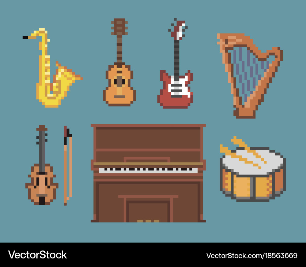 Various music pixel instruments icons vector image