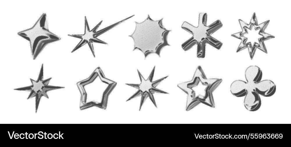 Y2k 3d chrome halftone stars shape retro abstract Vector Image