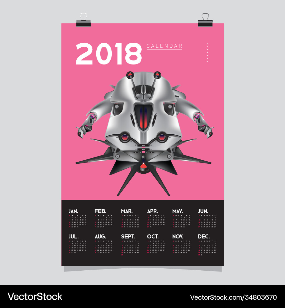 2018 calendar design template 3d realistic robot 2018 calendar design template 3d realistic robot vector image