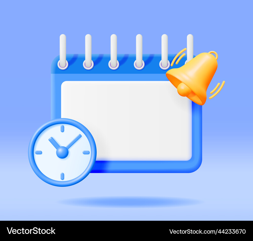 3d calendar with clock and bell alert isolated 3d calendar with clock and bell alert isolated Vector Image