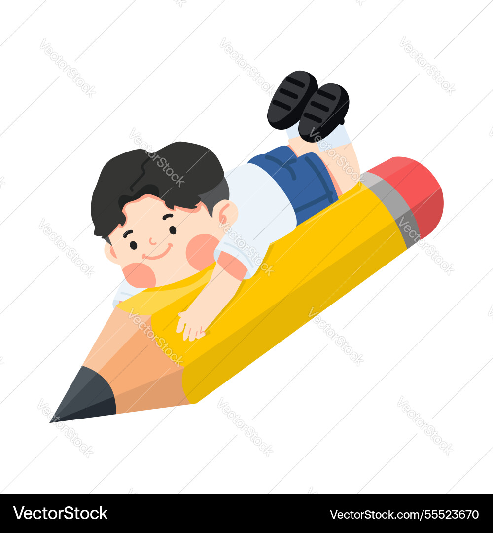 Boy student is flying on a pencil Boy student is flying on a pencil vector image