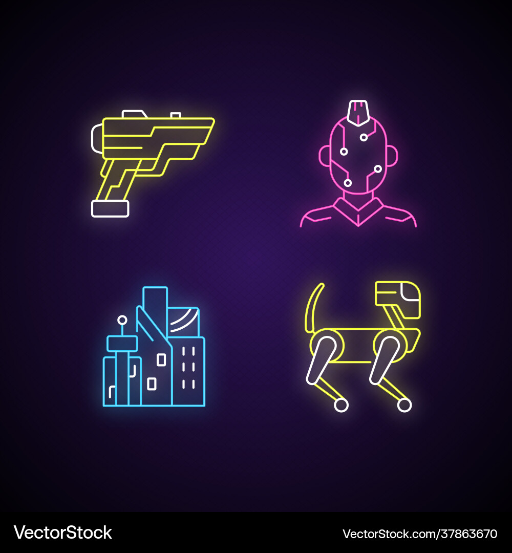 Cyberpunk items neon light icons set Vector Image
