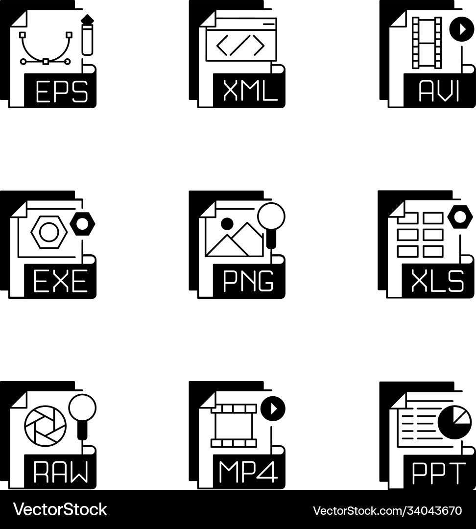 File formats black linear icons set Vector Image