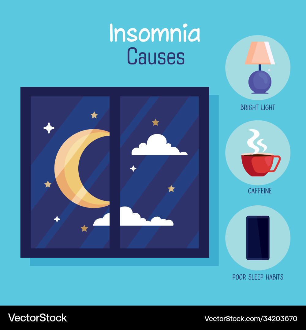 Insomnia causes moon at window and icon set Insomnia causes moon at window and icon set vector image