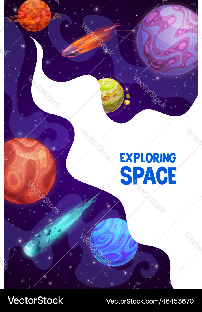 Space exploring poster with planets and asteroids Space exploring poster with planets and asteroids vector image