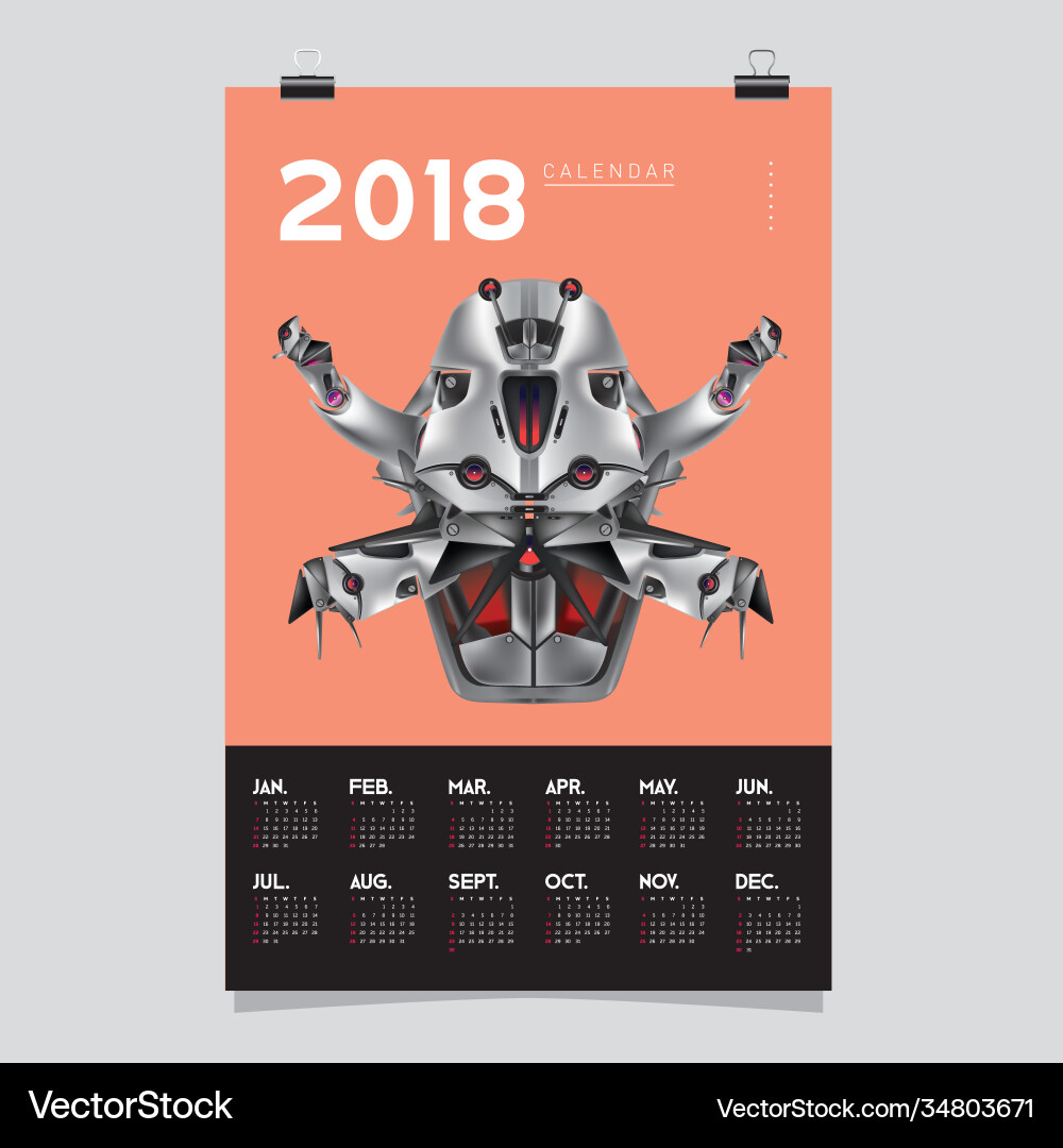 2018 calendar design template 3d realistic robot 2018 calendar design template 3d realistic robot vector image