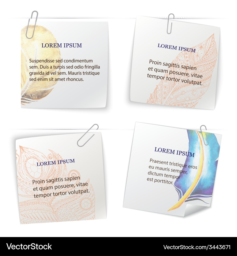 Set of stick notes with doodle feather pattern Vector Image