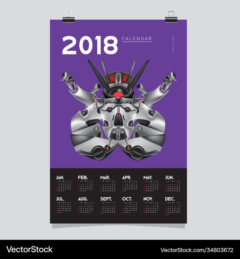 2018 calendar design template 3d realistic robot 2018 calendar design template 3d realistic robot vector image