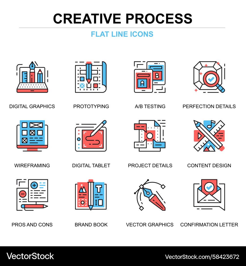Creative Process Line Icons - Workflow Vector Image