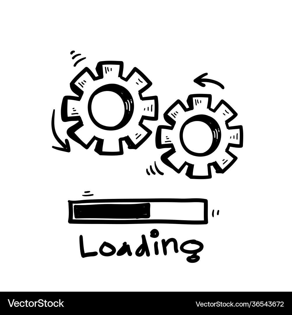 Hand drawn doodle loading bar icon with gears vector image