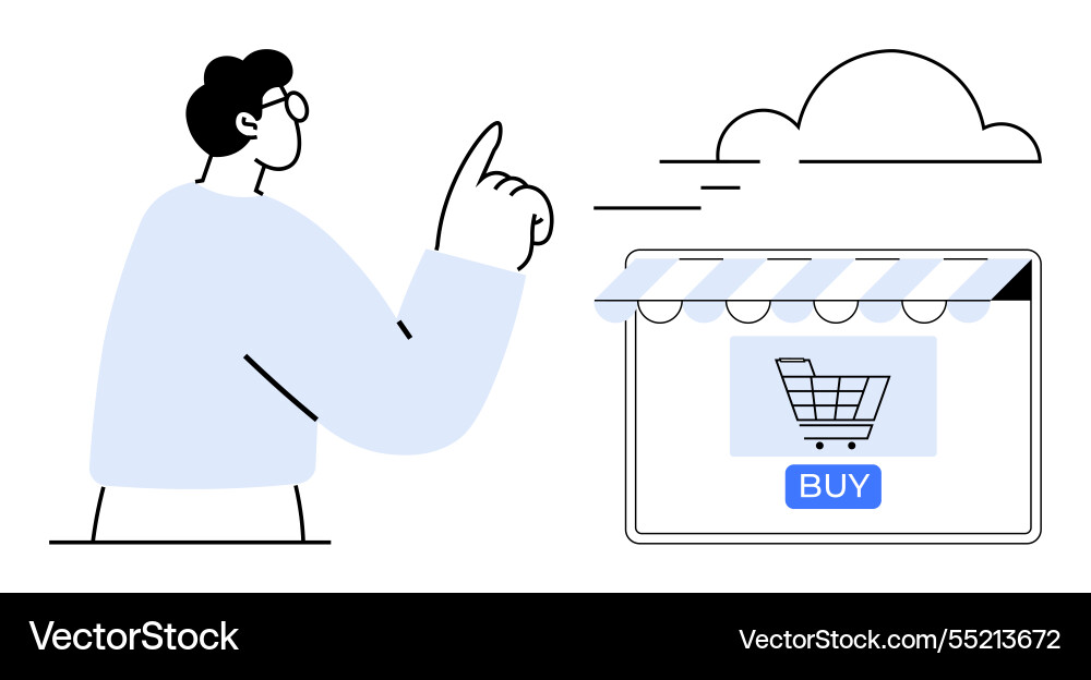 Man pointing at online store window with shopping Man pointing at online store window with shopping vector image