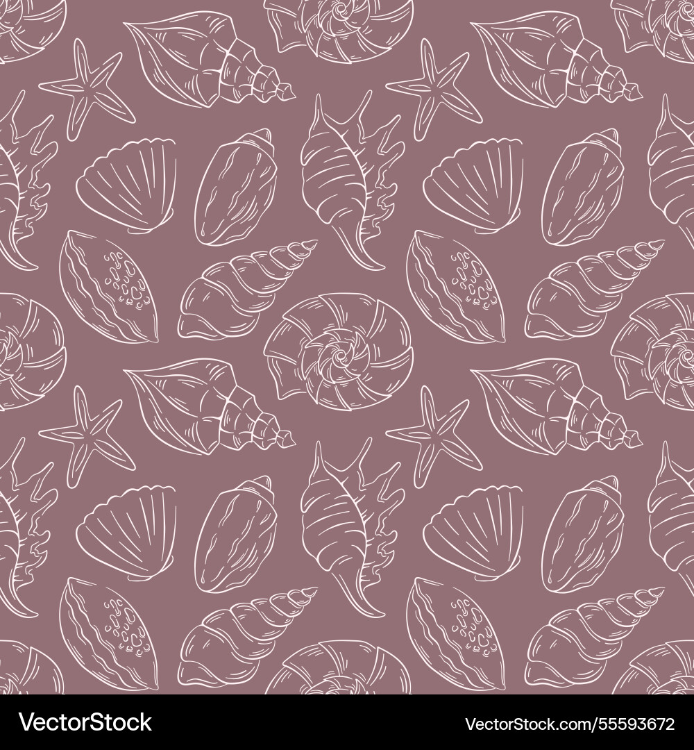 Seamless pattern with line art style seashell Vector Image
