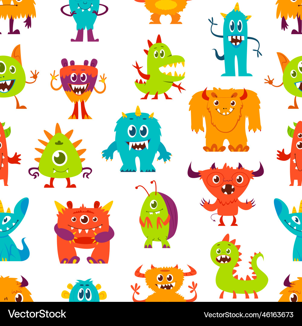 Cute Monster Pattern - Funny Cartoon Vector Image