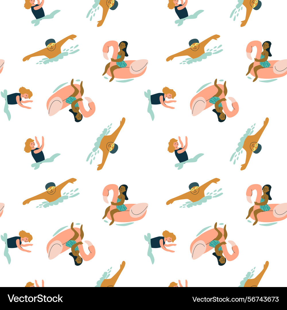 Diverse swimmers and pool floats pattern vector image