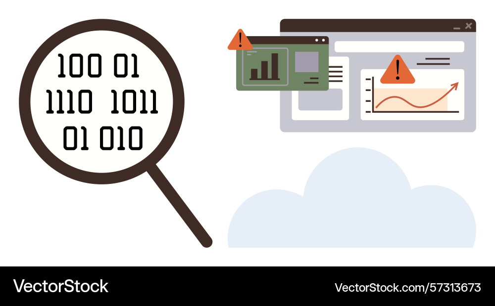 Magnifying data analysis with alerts indicating vector image