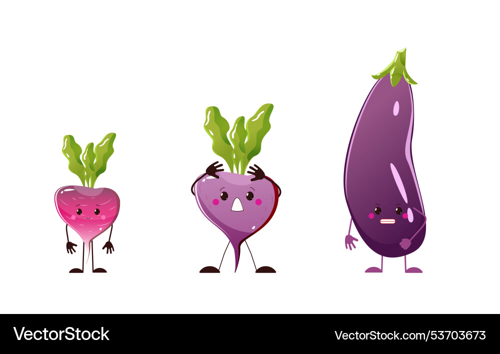 Purple veggie set cartoon mascot characters Purple veggie set cartoon mascot characters vector image